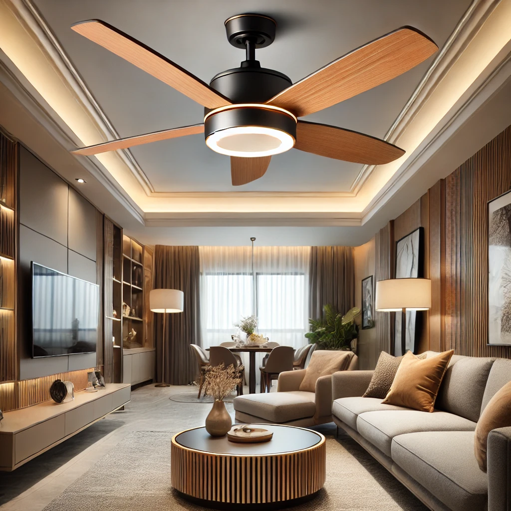 A sleek wooden-blade ceiling fan with an integrated LED light, installed in a stylish and well-lit living room with a cozy contemporary ambiance.